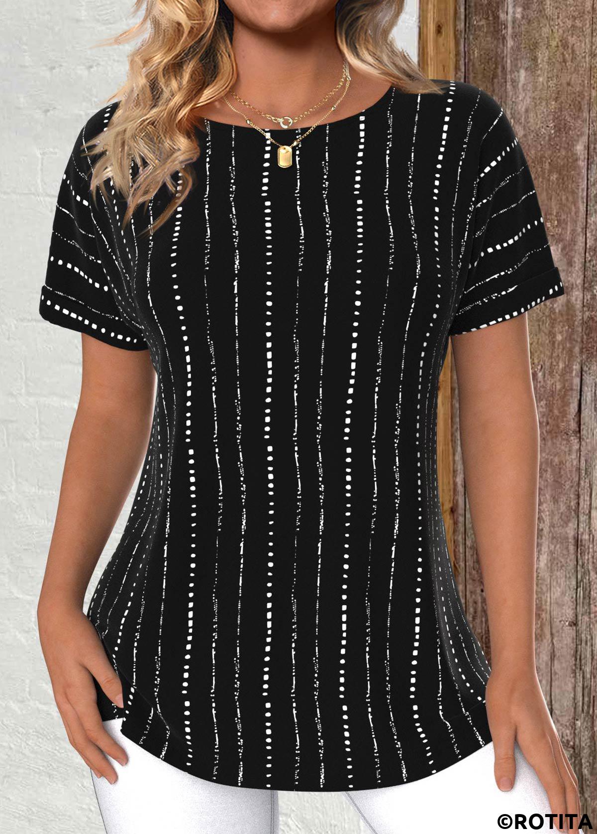 Black tops,Striped tops,Geometric tops,Dot tops,ROTITA Lightweight Striped Black Round Neck Short Sleeve T Shirt