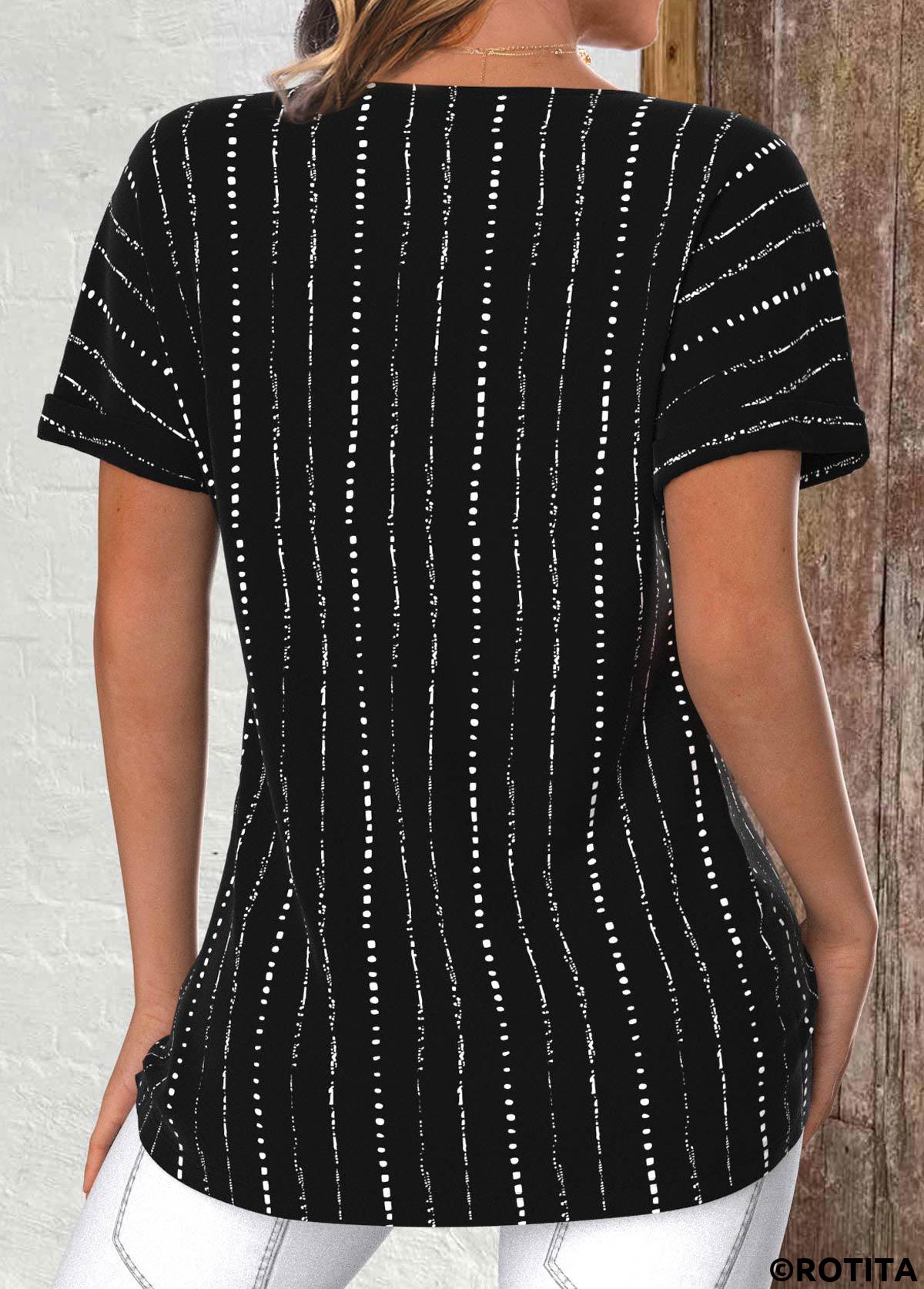 Black tops,Striped tops,Geometric tops,Dot tops,ROTITA Lightweight Striped Black Round Neck Short Sleeve T Shirt