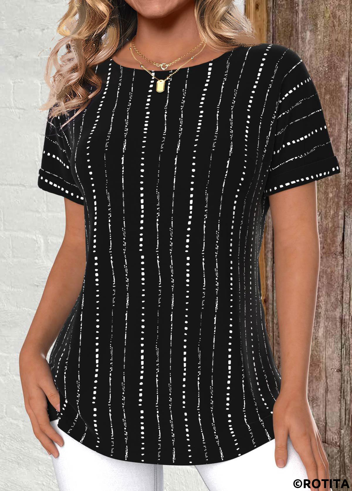 Black tops,Striped tops,Geometric tops,Dot tops,ROTITA Lightweight Striped Black Round Neck Short Sleeve T Shirt