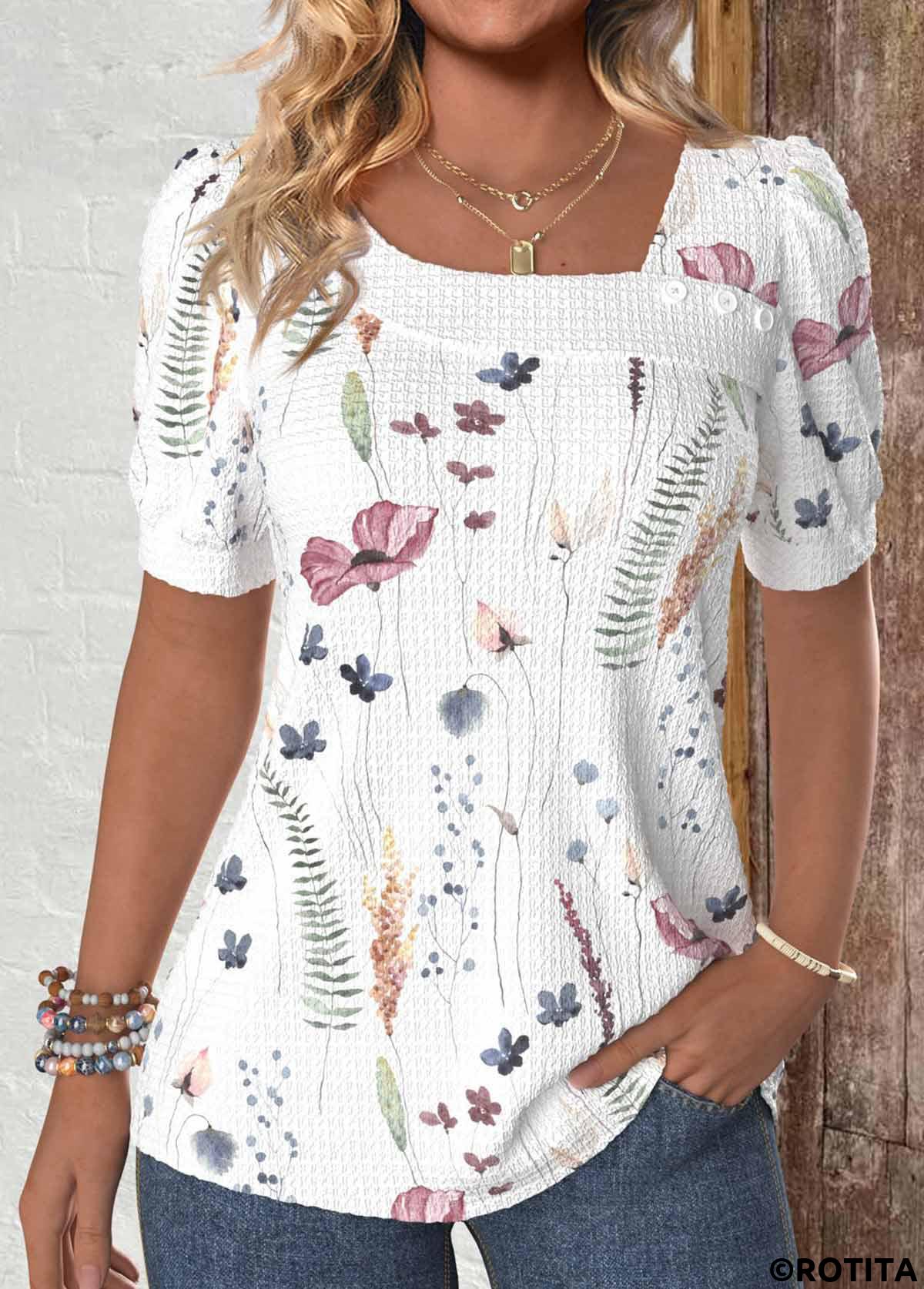 White tops,Floral tops,Plants tops,ROTITA Button Floral Print White Asymmetrical Neck T Shirt