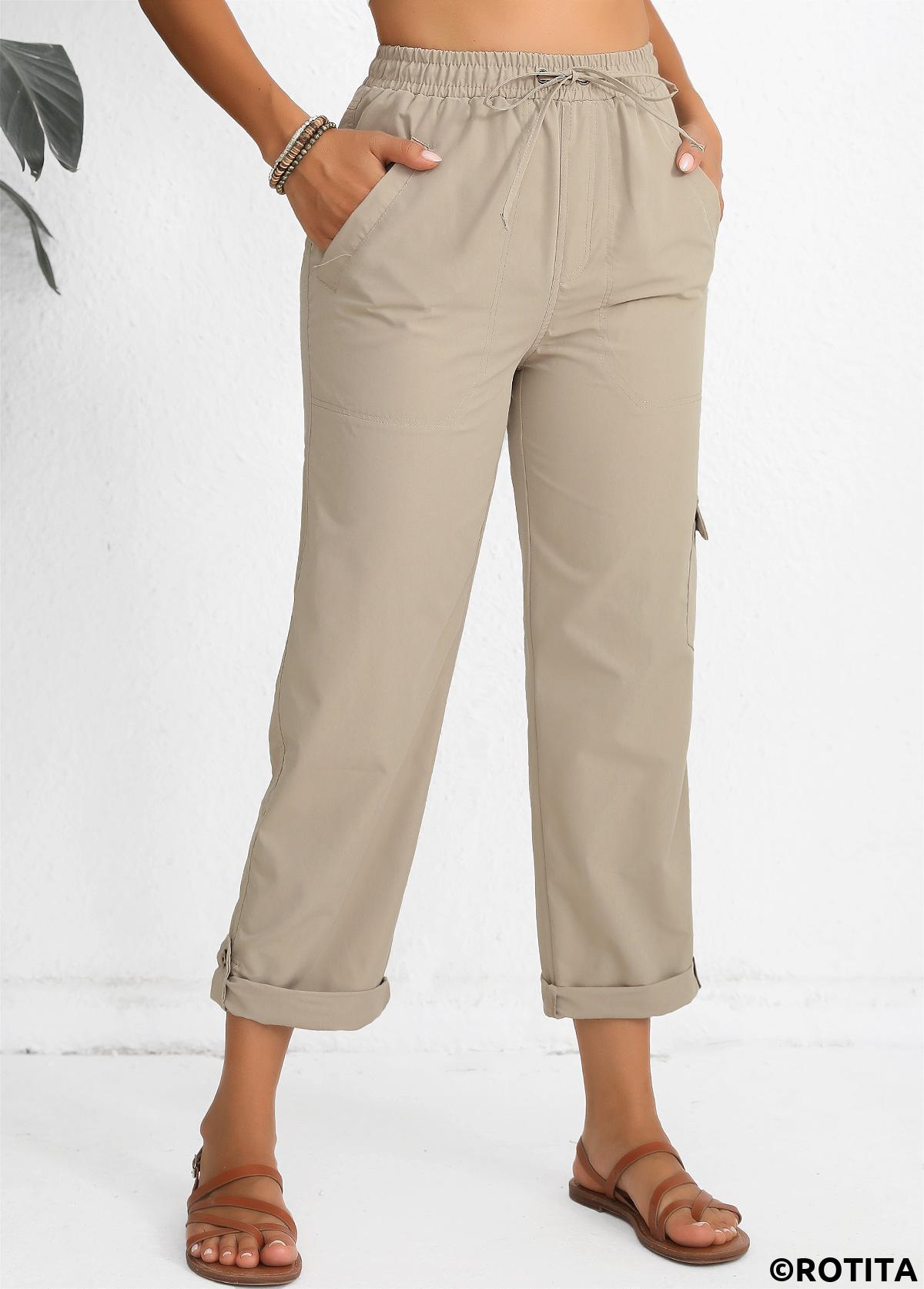 Drawstring Light Camel Elastic Waist High Waisted Pants