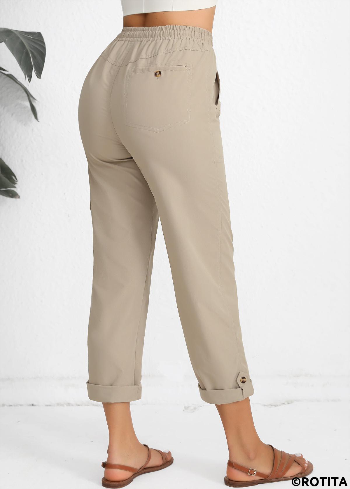 Drawstring Light Camel Elastic Waist High Waisted Pants