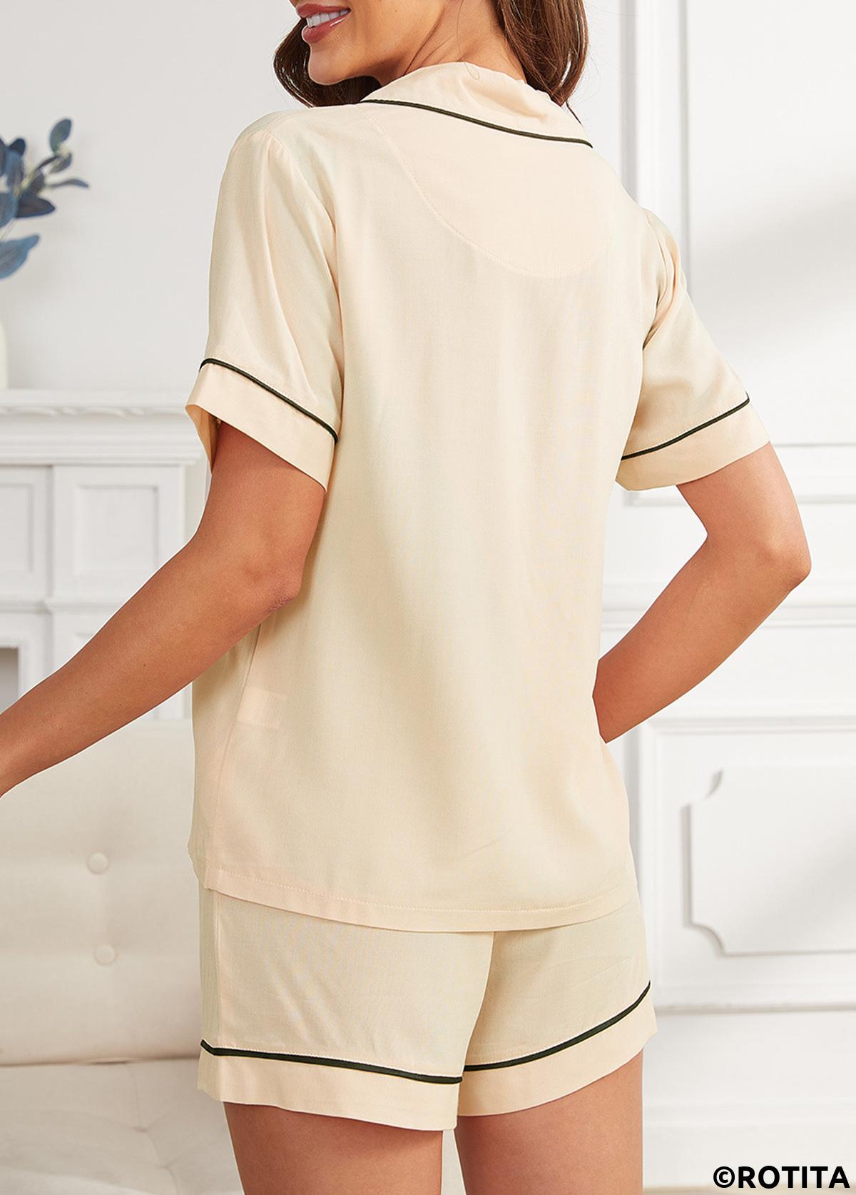 Beige loungewear,Contrast Color loungewear,Beige Shirt Collar Short Sleeve Lounge Top and Shorts