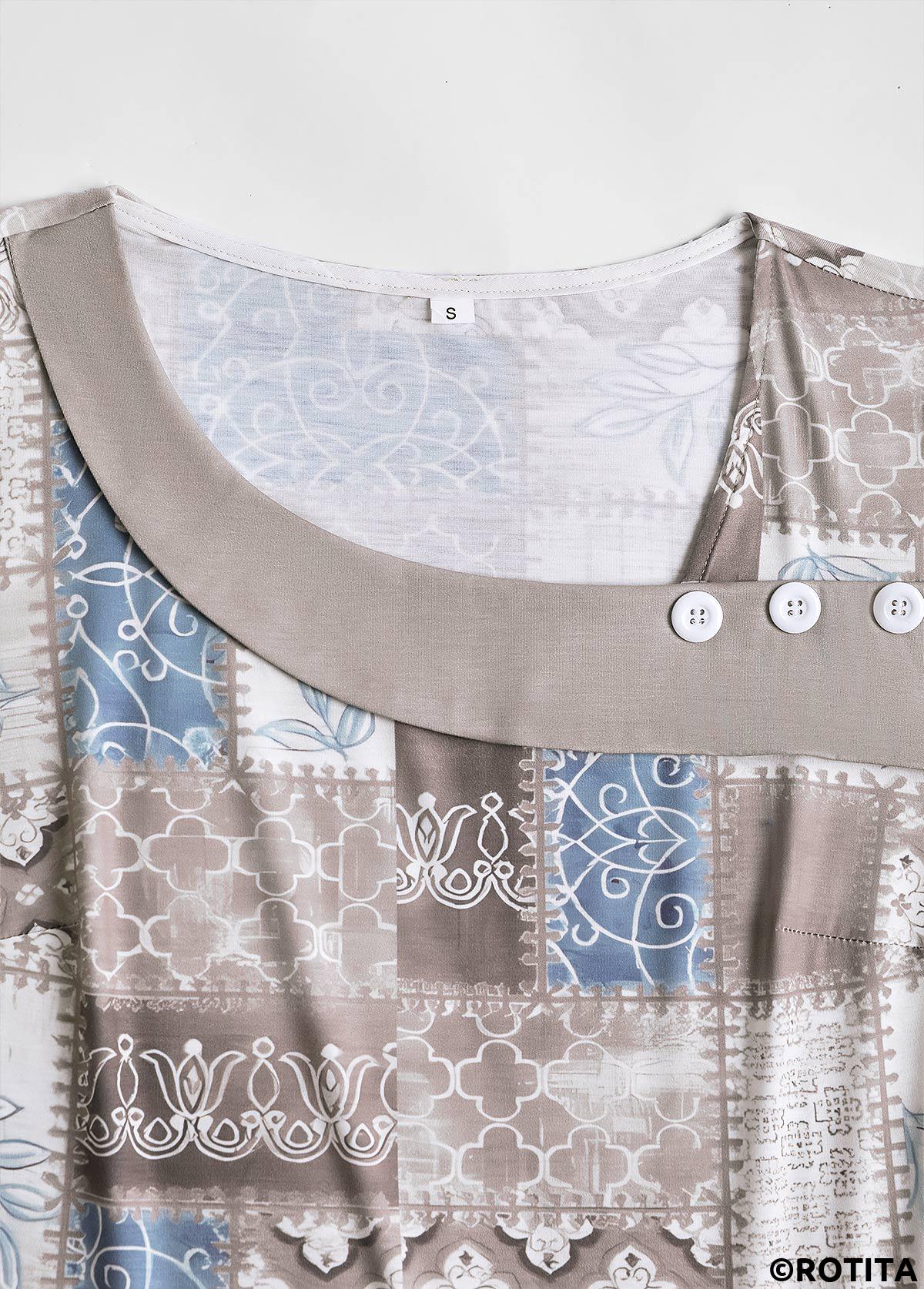 Dusty Blue plus size,Geometric plus size,Tribal plus size,ROTITA Plus Size Patchwork Light Coffee Geometric Print T Shirt