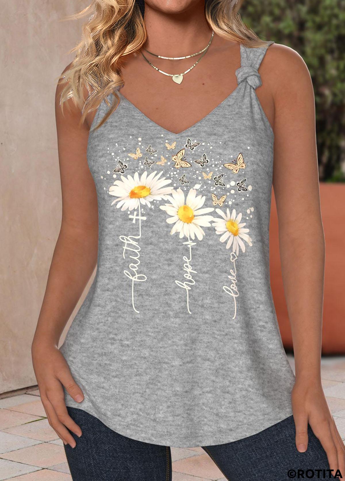 Light Grey Marl tops,Floral tops,Plants tops,Animal Print tops,ROTITA Twist Daisy Print Light Grey Marl Sleeveless Tank Top