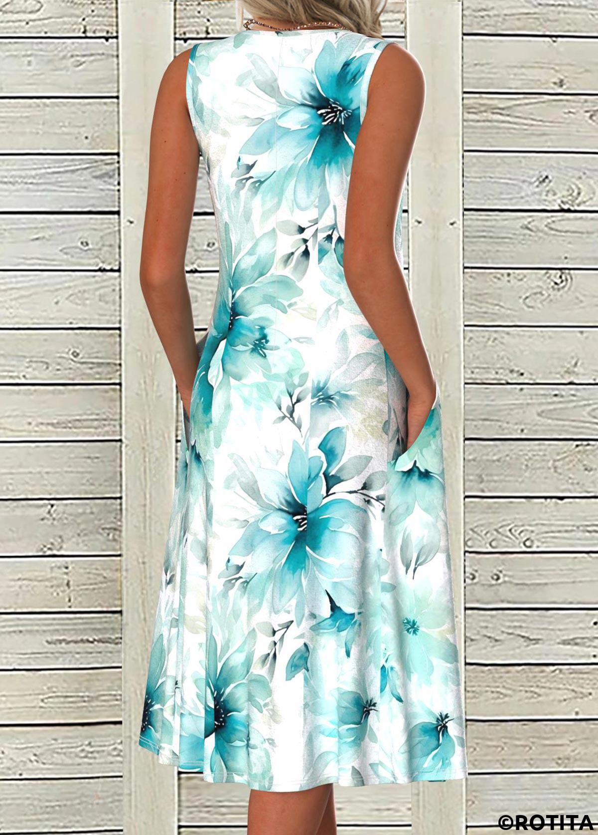 Blue plus size,Floral plus size,Plants plus size,ROTITA Plus Size Pocket Blue Floral Print A Line Dress