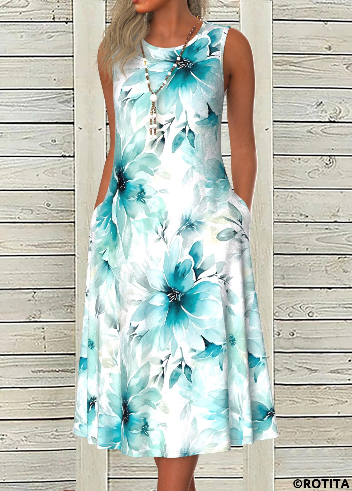 Blue plus size,Floral plus size,Plants plus size,ROTITA Plus Size Pocket Blue Floral Print A Line Dress