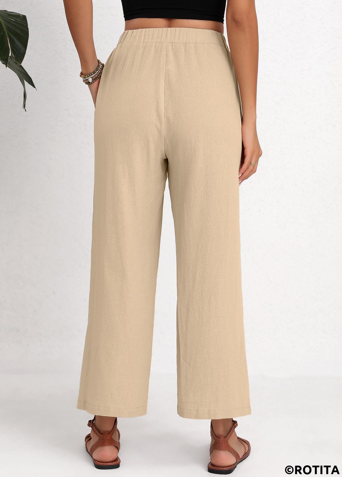 Beige bottoms,Plain Color bottoms,Split Elastic Waist High Waisted Beige Pants