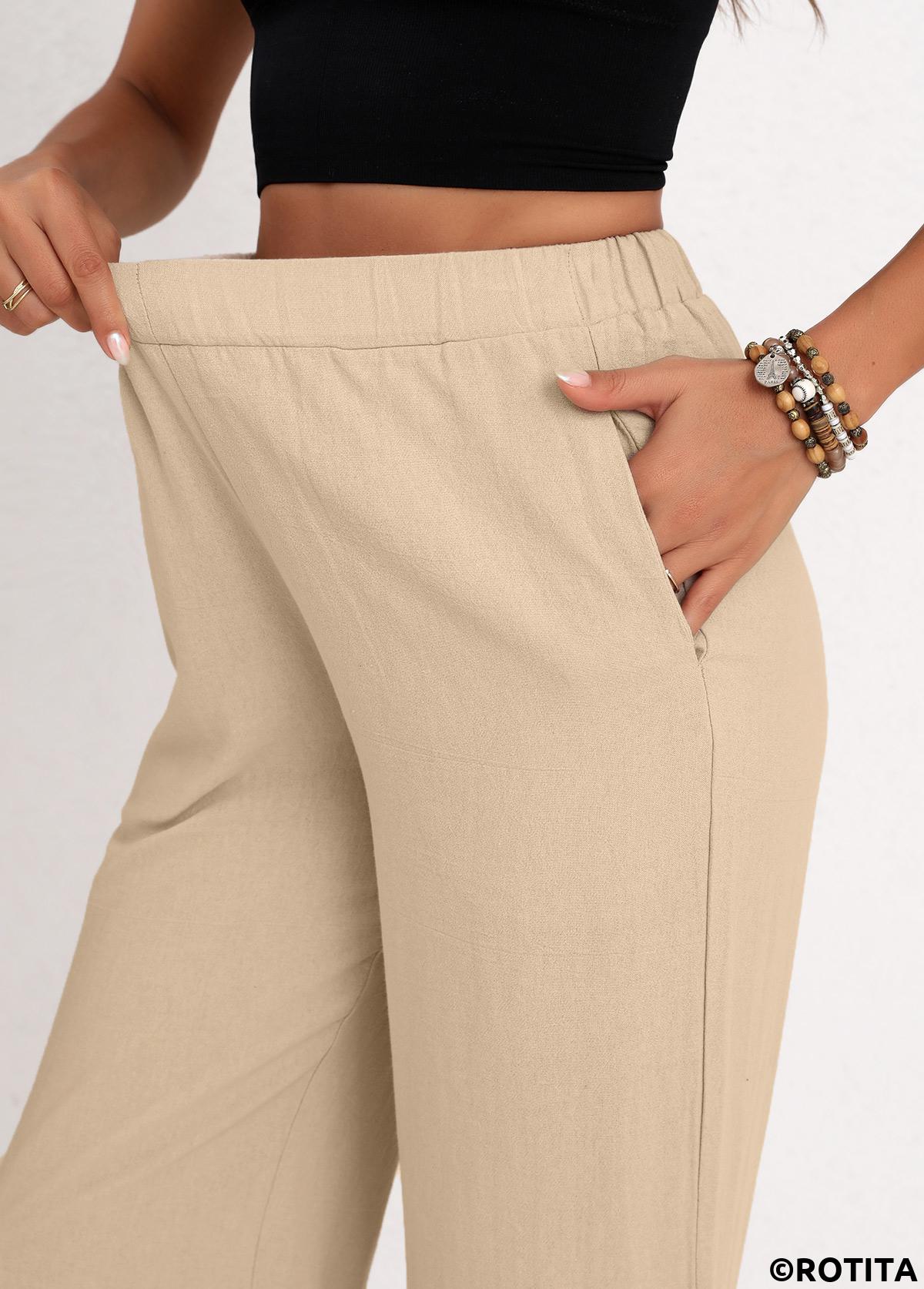 Beige bottoms,Plain Color bottoms,Split Elastic Waist High Waisted Beige Pants