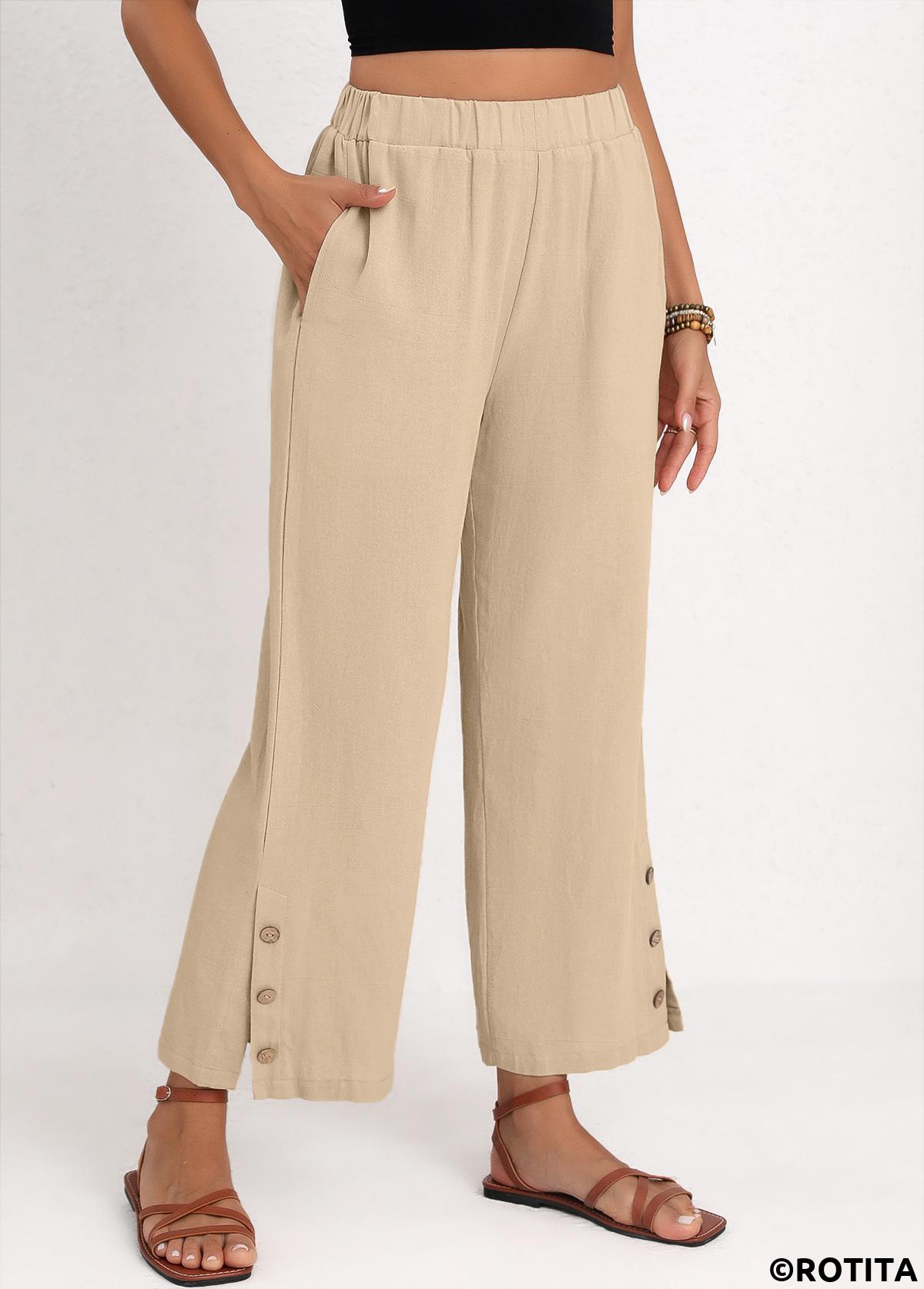 Beige bottoms,Plain Color bottoms,Split Elastic Waist High Waisted Beige Pants