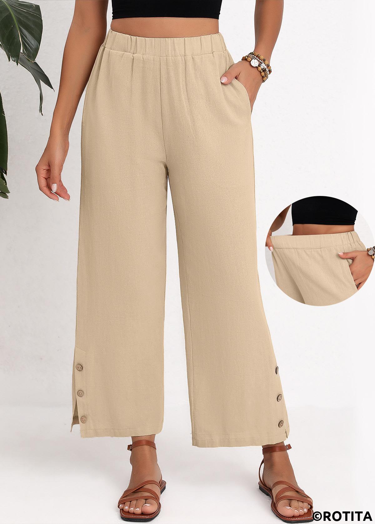 Beige bottoms,Plain Color bottoms,Split Elastic Waist High Waisted Beige Pants