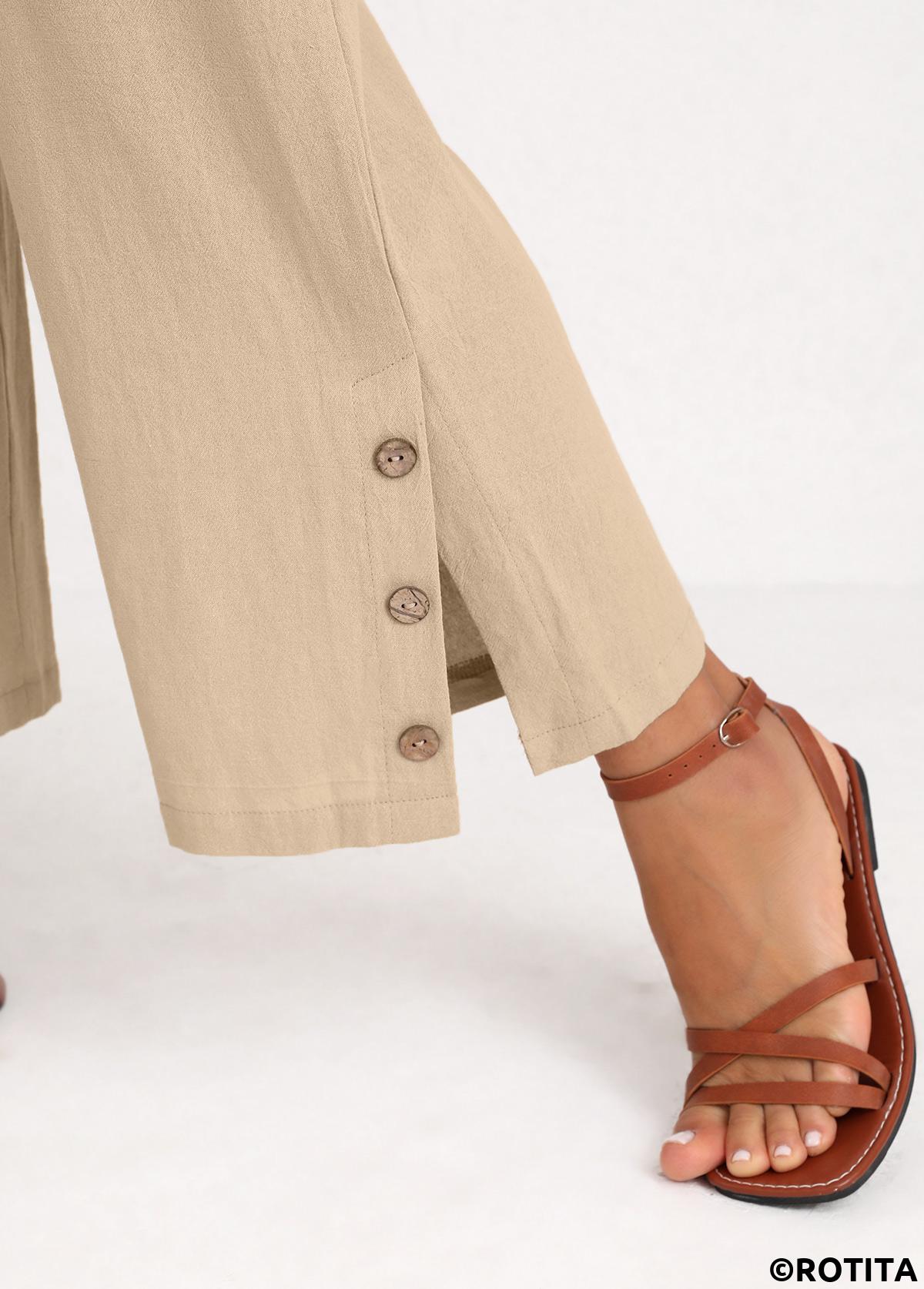 Beige bottoms,Plain Color bottoms,Split Elastic Waist High Waisted Beige Pants