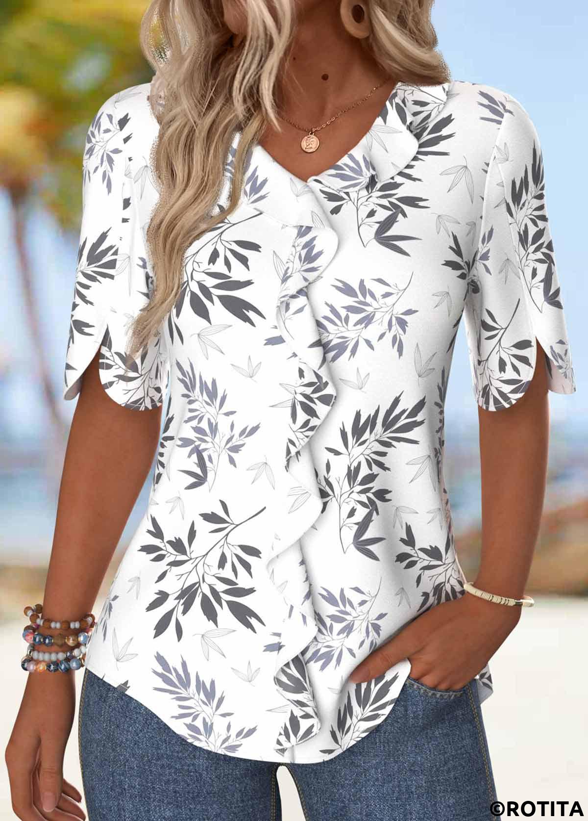 Grey tops,White tops,Plants tops,ROTITA Ruffle Leaf Print White V Neck Half Sleeve Blouse