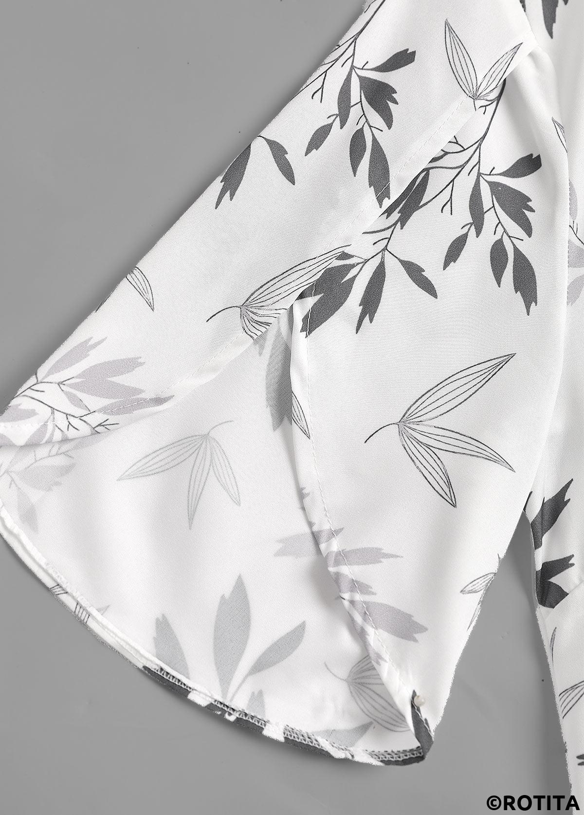 Grey tops,White tops,Plants tops,ROTITA Ruffle Leaf Print White V Neck Half Sleeve Blouse