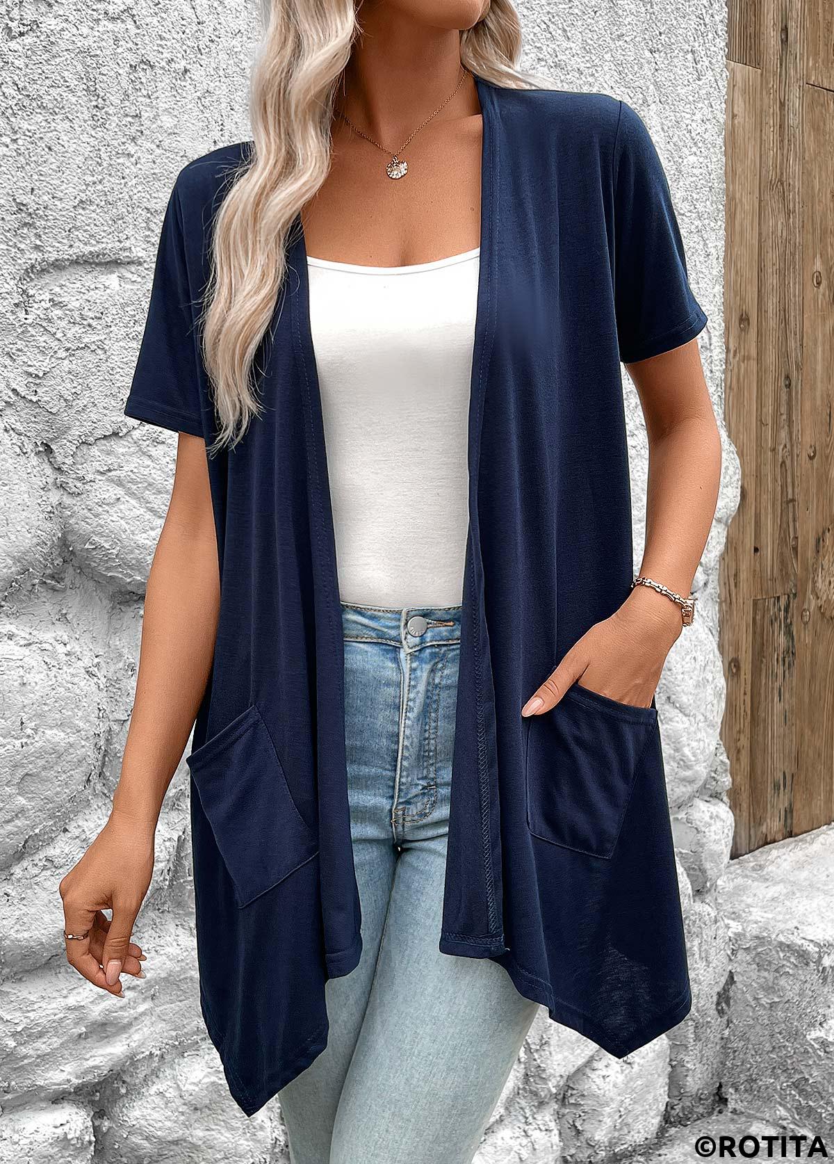 Navy tops,Plain Color tops,Handkerchief Hem Navy Short Sleeve Light Cardigan