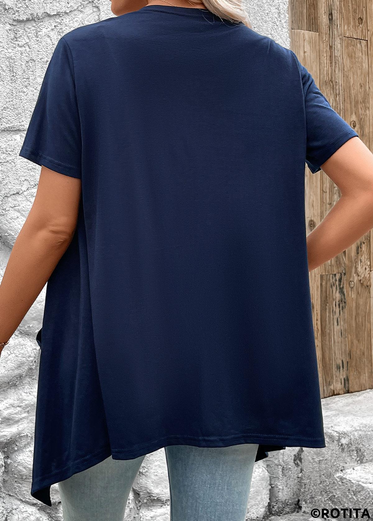Navy tops,Plain Color tops,Handkerchief Hem Navy Short Sleeve Light Cardigan