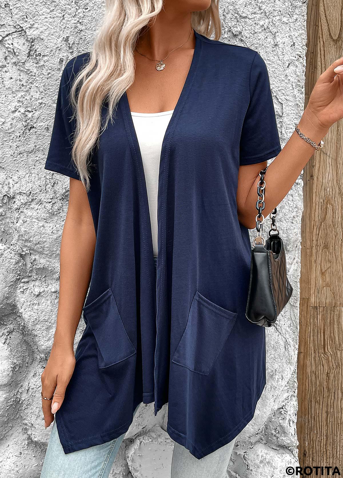 Navy tops,Plain Color tops,Handkerchief Hem Navy Short Sleeve Light Cardigan
