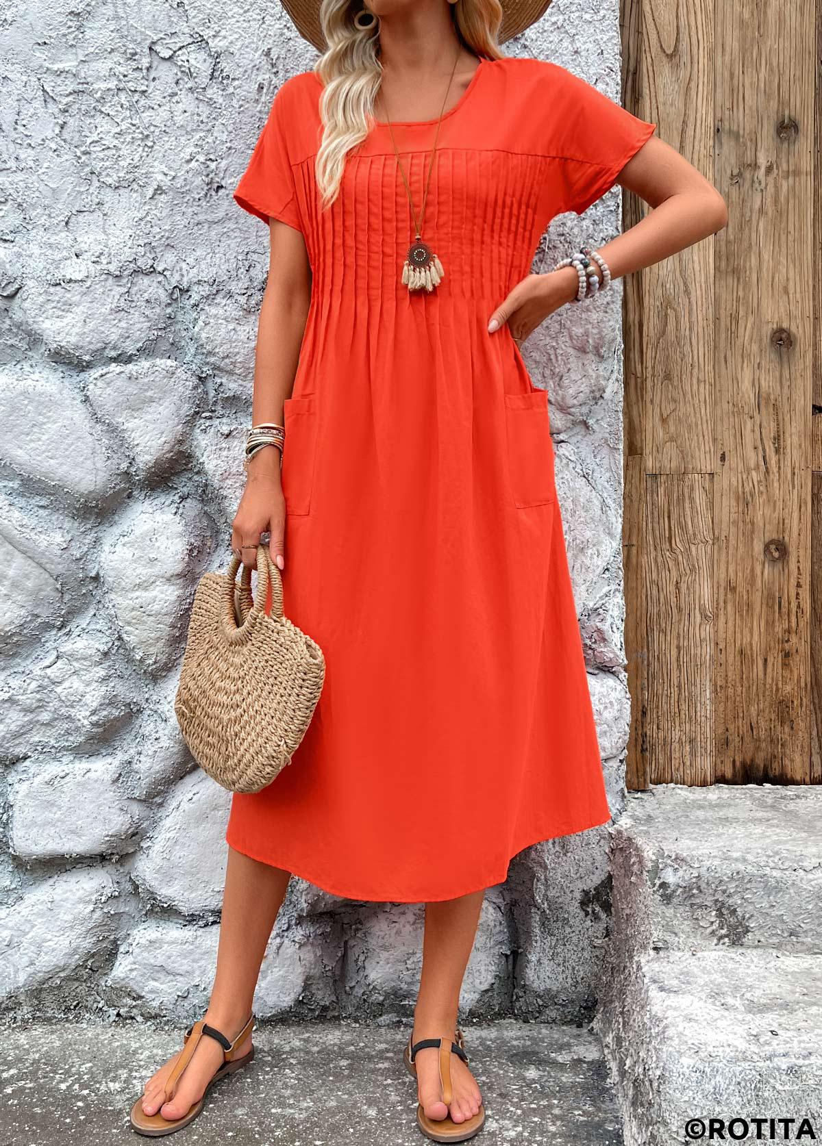 Neon Red dresses,Plain Color dresses,Everyday dresses,Casual dresses,ROTITA Pleated Neon Red Round Neck Short Sleeve Dress