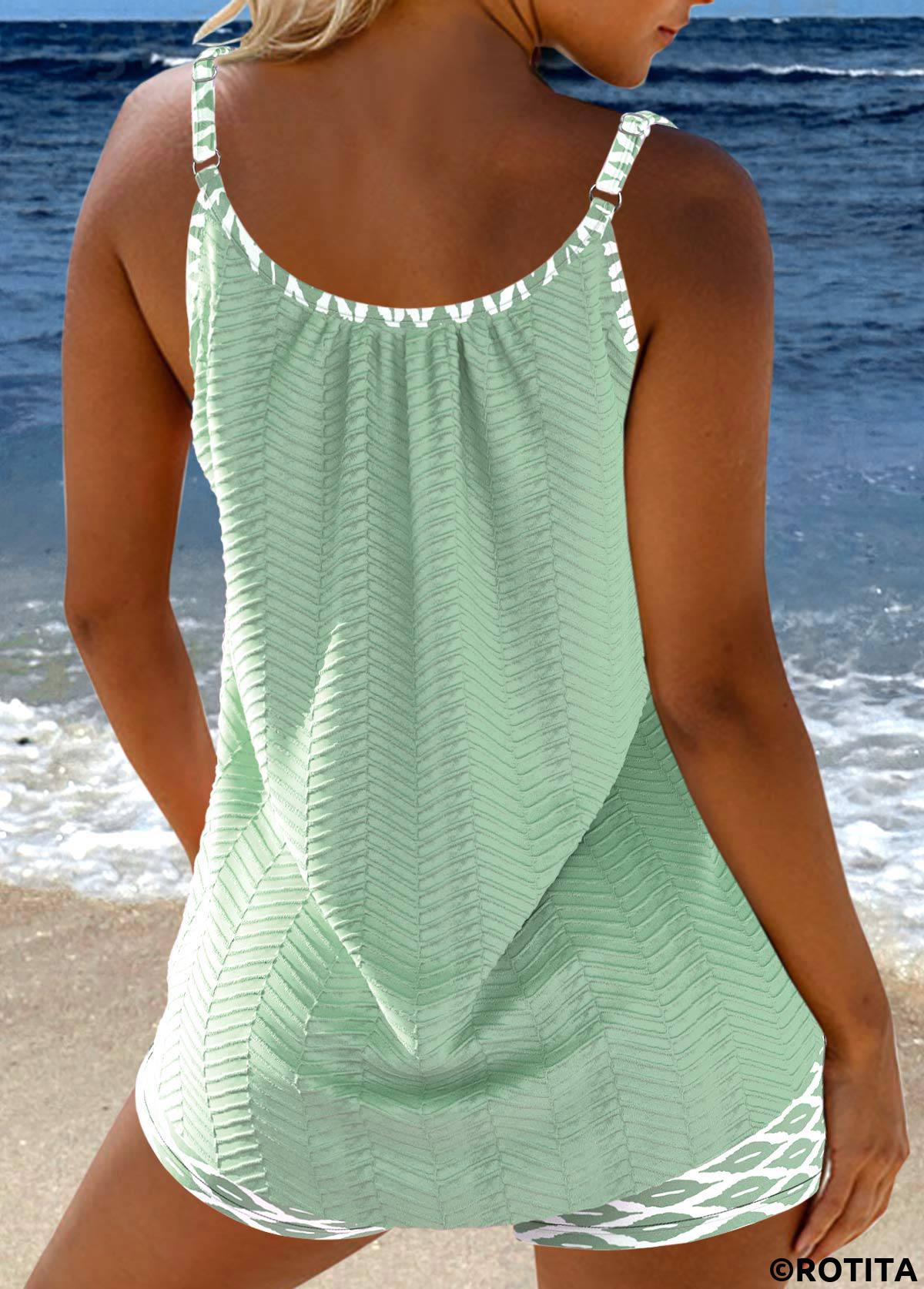 Sage Green swimwear,Geometric swimwear,ROTITA Bowknot Sage Green Geometric Print Tankini Set