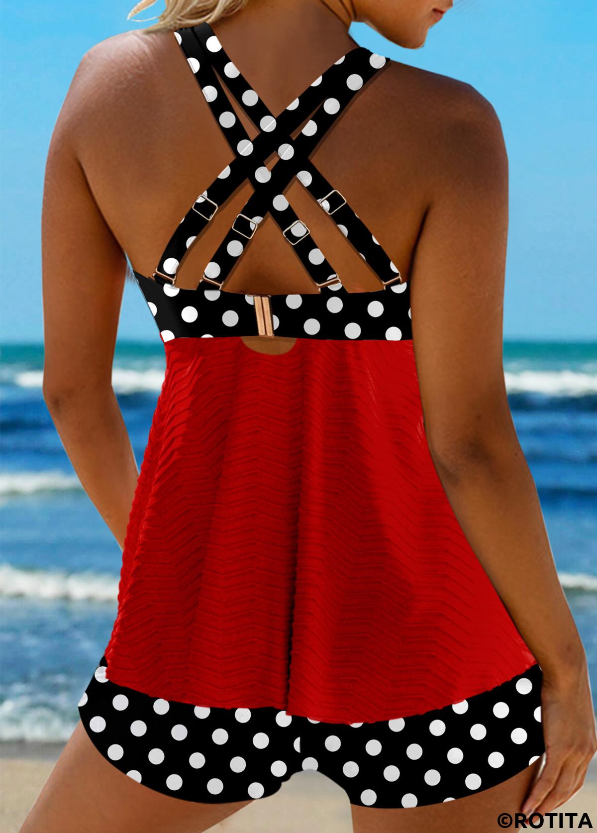 Red swimwear,Dot swimwear,ROTITA Jacquard Red Polka Dot Tankini Set