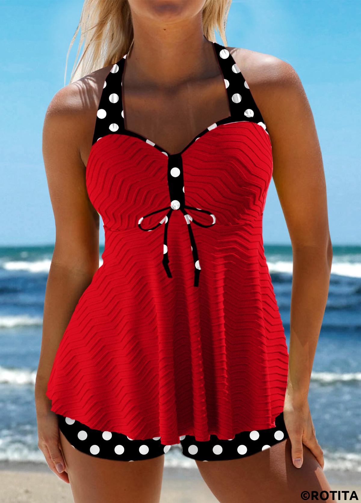 Red swimwear,Dot swimwear,ROTITA Jacquard Red Polka Dot Tankini Set