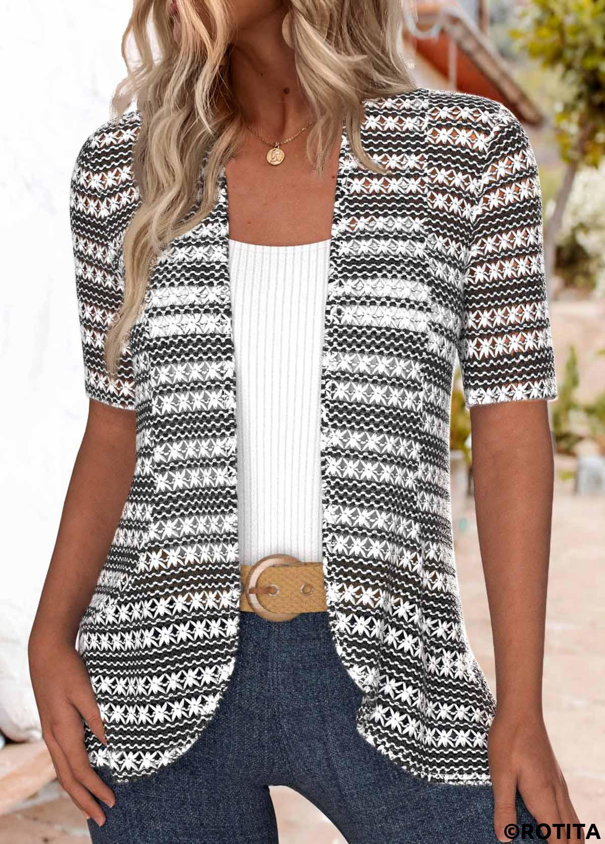 Multi Color tops,Contrast Color tops,ROTITA Textured Fabric Multi Color Short Sleeve Light Cardigan