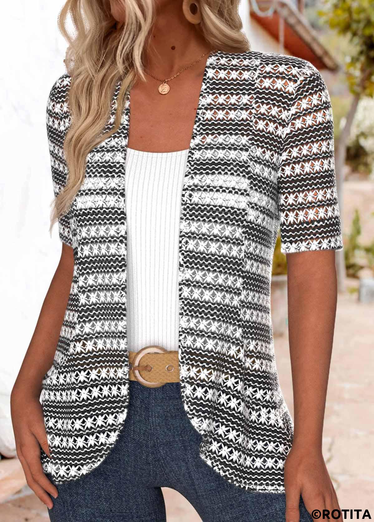 Multi Color tops,Contrast Color tops,ROTITA Textured Fabric Multi Color Short Sleeve Light Cardigan