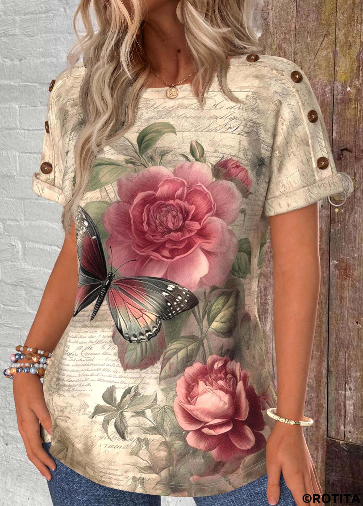 Light Camel tops,Floral tops,Plants tops,Animal Print tops,ROTITA Button Floral Print Light Camel Round Neck T Shirt