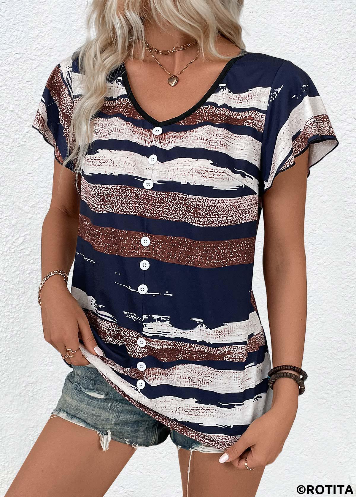 Mehrfarbiges T-Shirt mit Rotita-Knopf und geometrischem Aufdruck und V-Ausschnitt