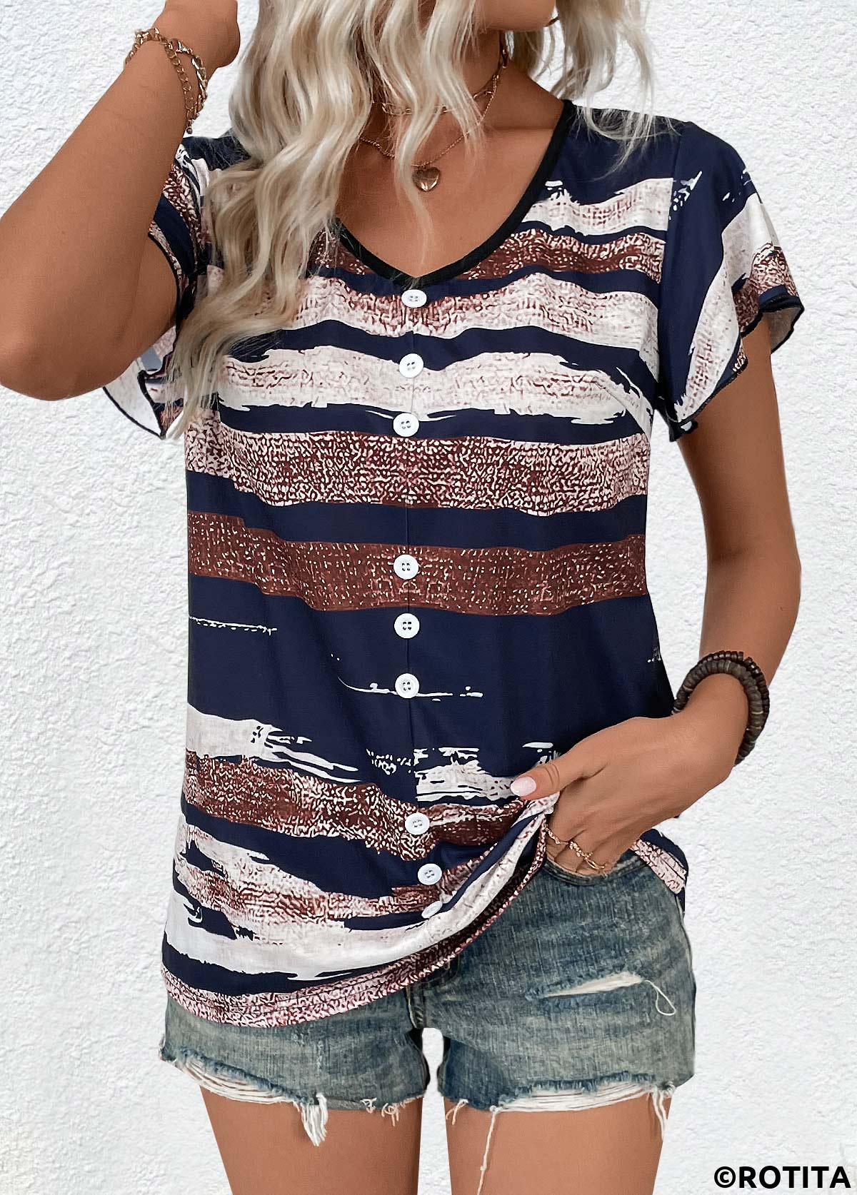 Mehrfarbiges T-Shirt mit Rotita-Knopf und geometrischem Aufdruck und V-Ausschnitt