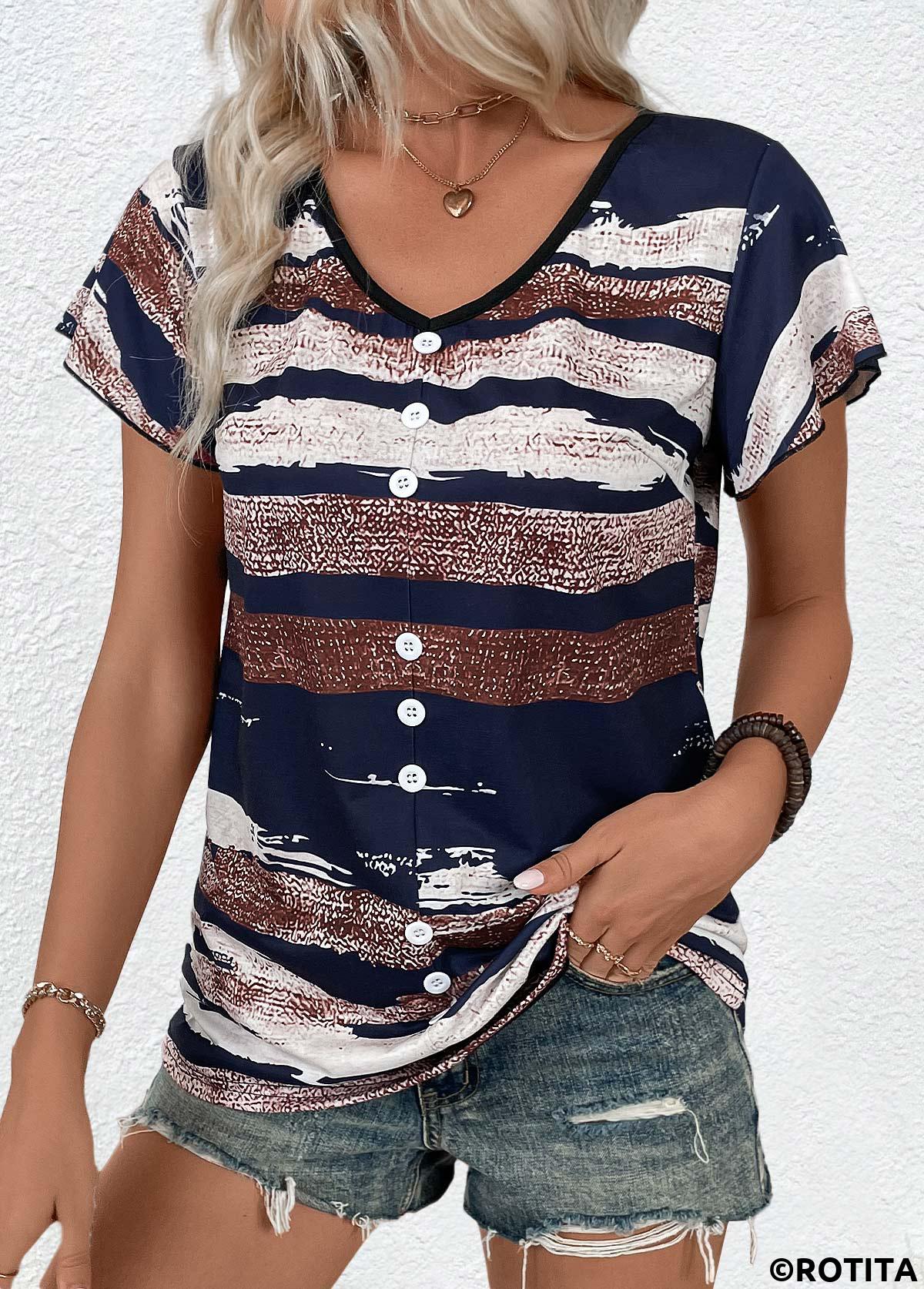 Mehrfarbiges T-Shirt mit Rotita-Knopf und geometrischem Aufdruck und V-Ausschnitt