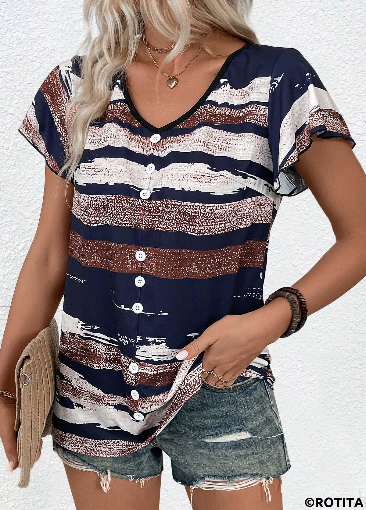 Mehrfarbiges T-Shirt mit Rotita-Knopf und geometrischem Aufdruck und V-Ausschnitt