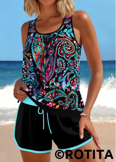 Black swimwear,Paisley swimwear,ROTITA Contrast Binding Black Paisley Print Tankini Set