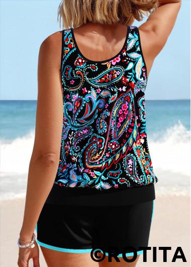 Black swimwear,Paisley swimwear,ROTITA Contrast Binding Black Paisley Print Tankini Set