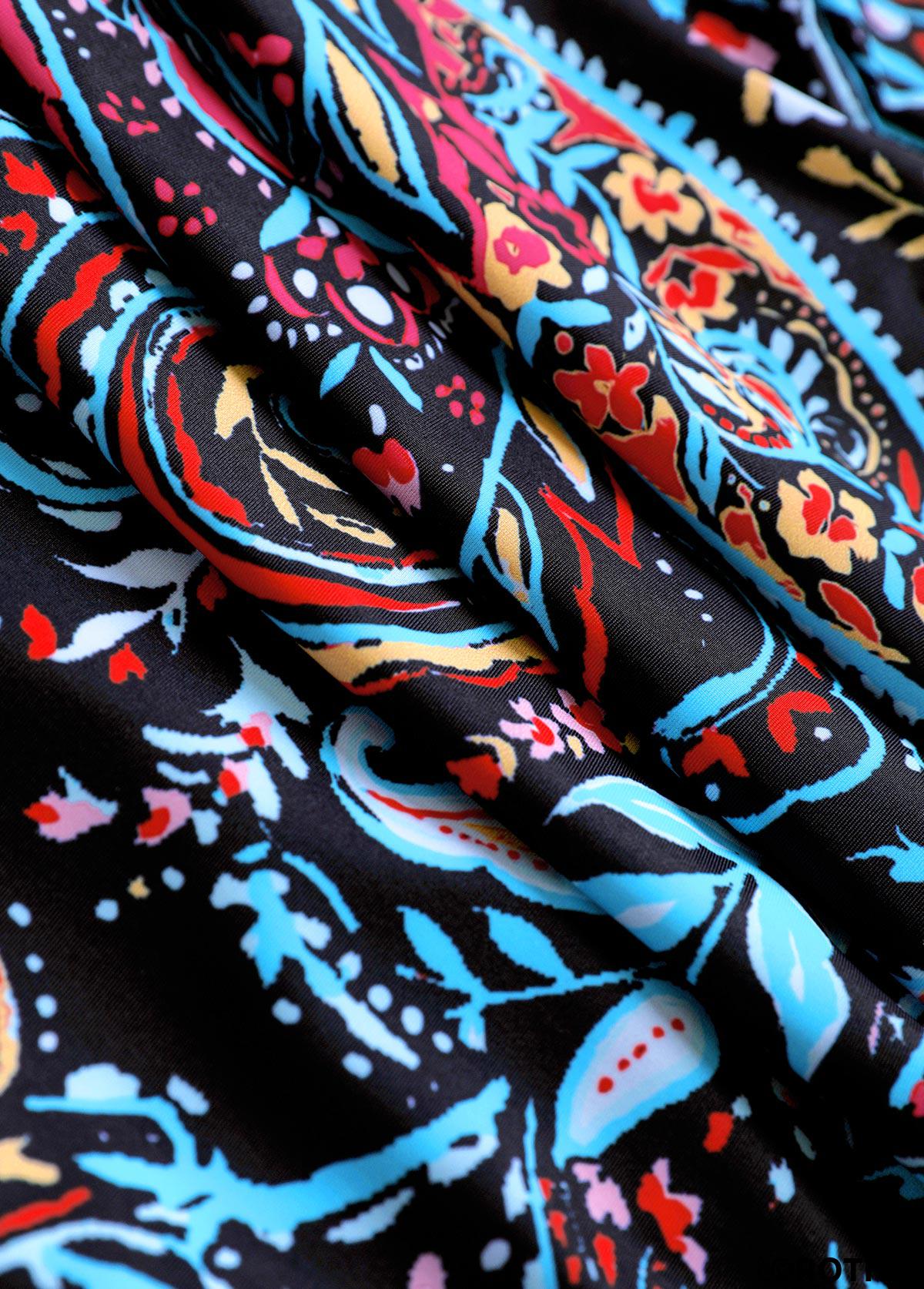Black swimwear,Paisley swimwear,ROTITA Contrast Binding Black Paisley Print Tankini Set