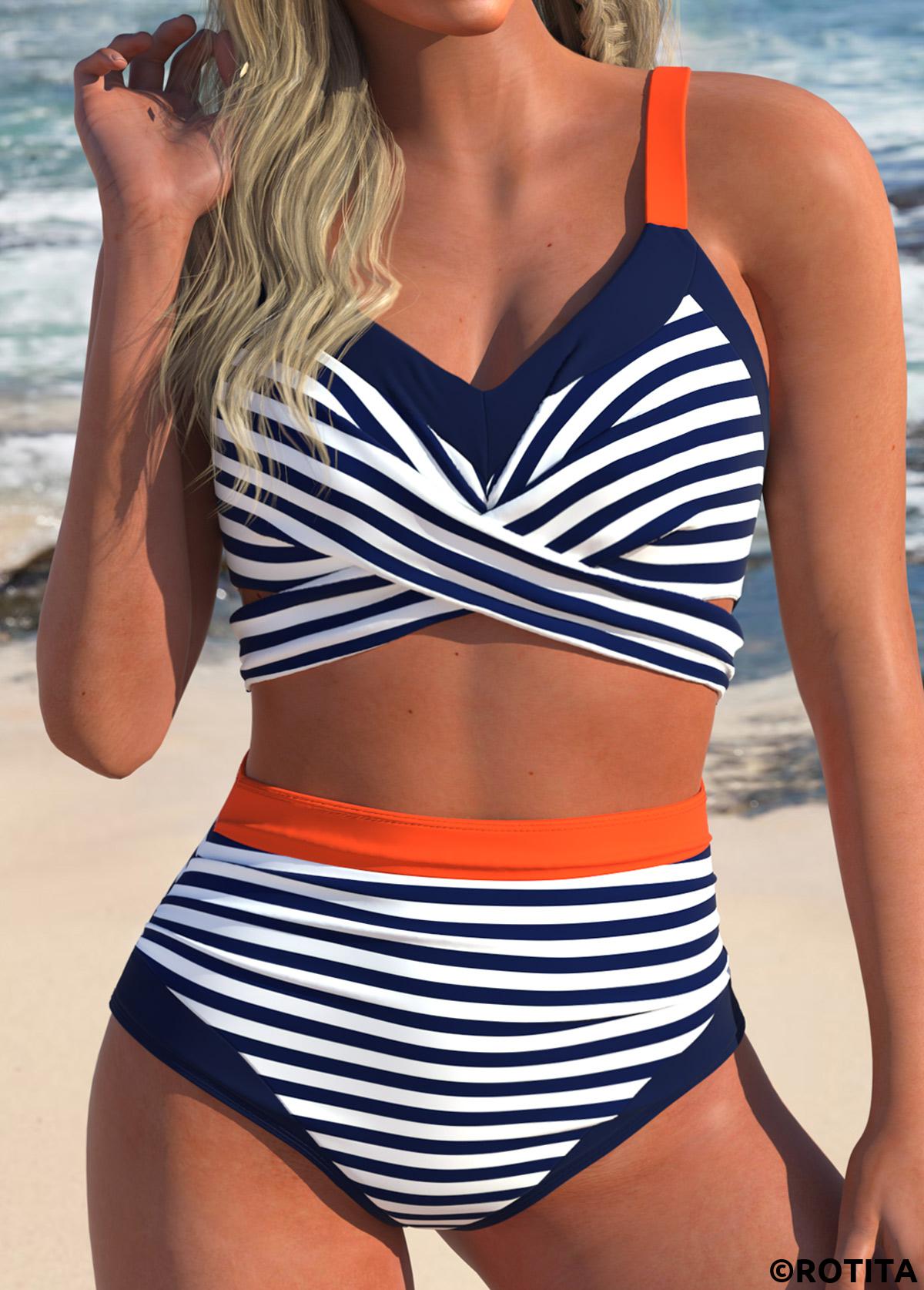 Navy swimwear,Striped swimwear,Geometric swimwear,ROTITA Surplice High Waisted Navy Striped Bikini Set