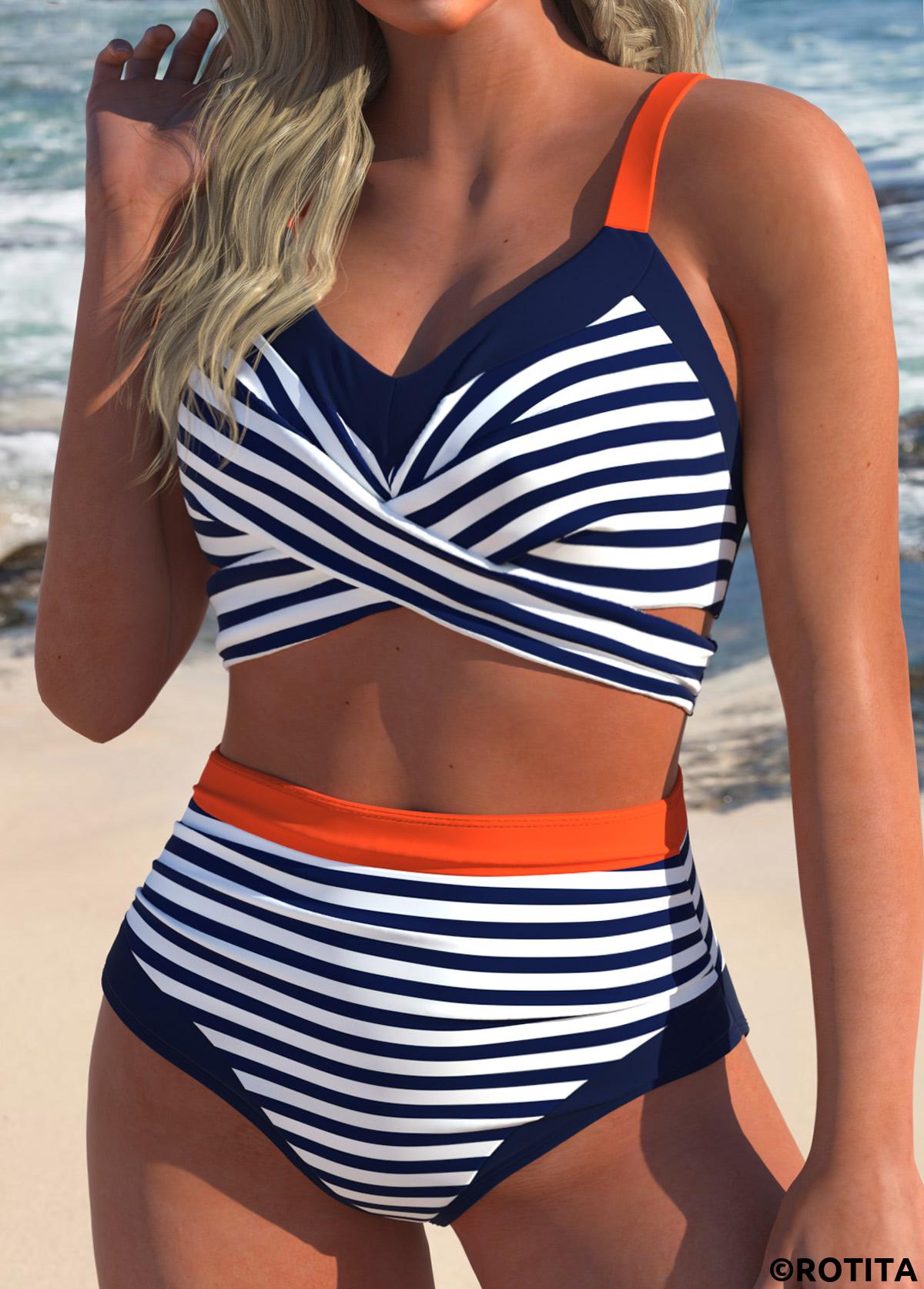Navy swimwear,Striped swimwear,Geometric swimwear,ROTITA Surplice High Waisted Navy Striped Bikini Set