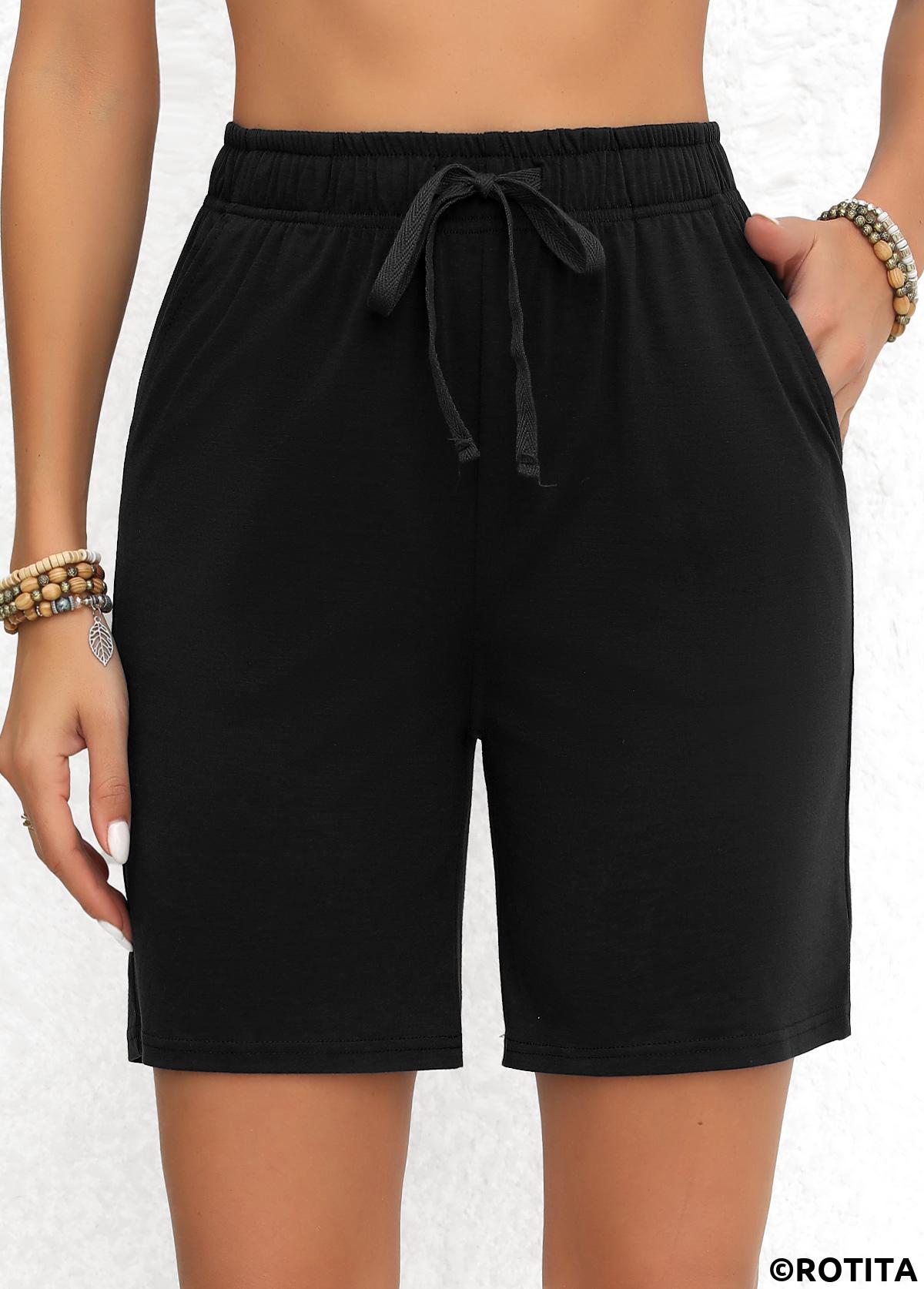Black bottoms,Plain Color bottoms,Double Side Pockets Black Elastic Waist High Waisted Shorts