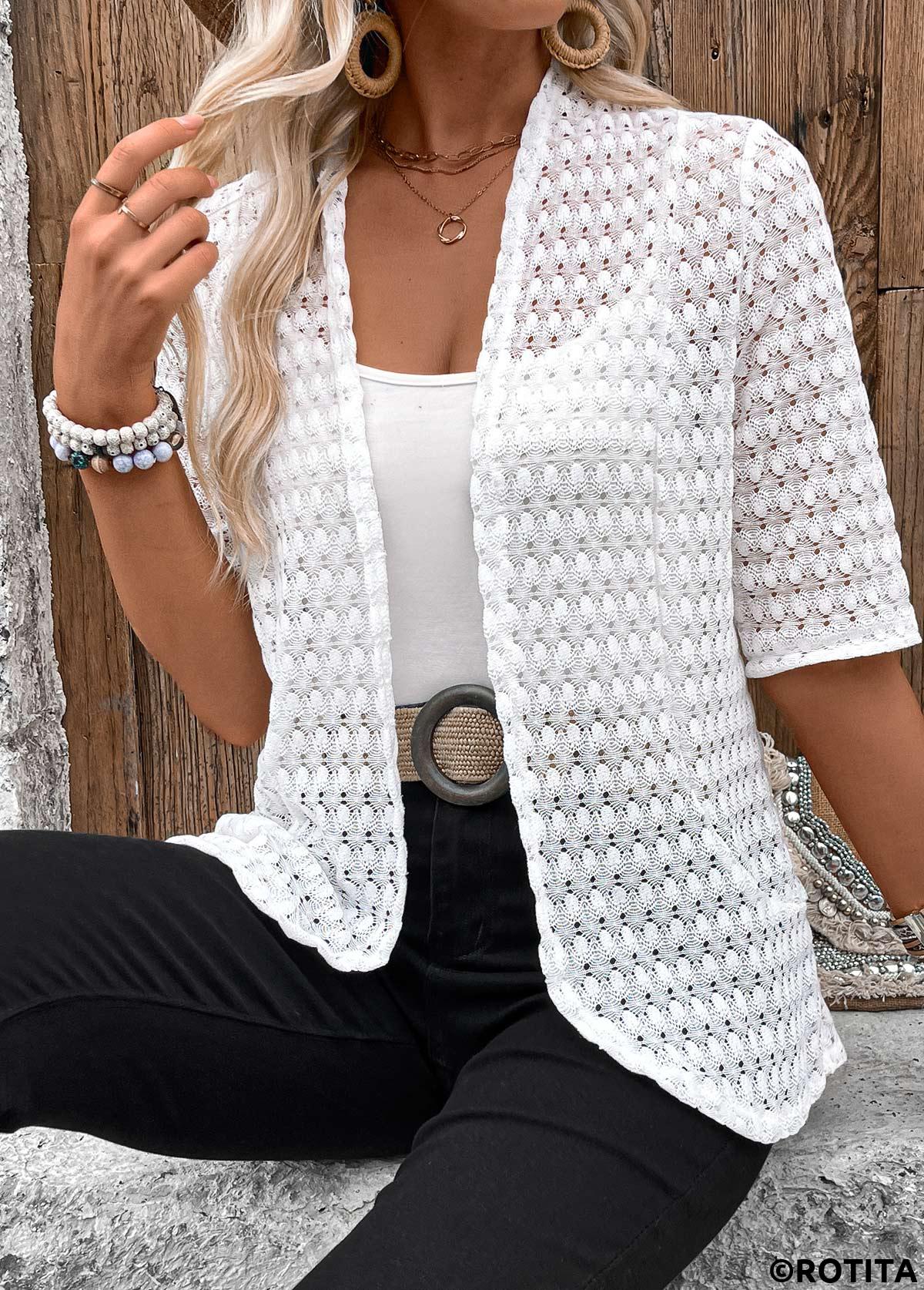 White tops,Plain Color tops,ROTITA Lightweight White Half Sleeve Light Cardigan