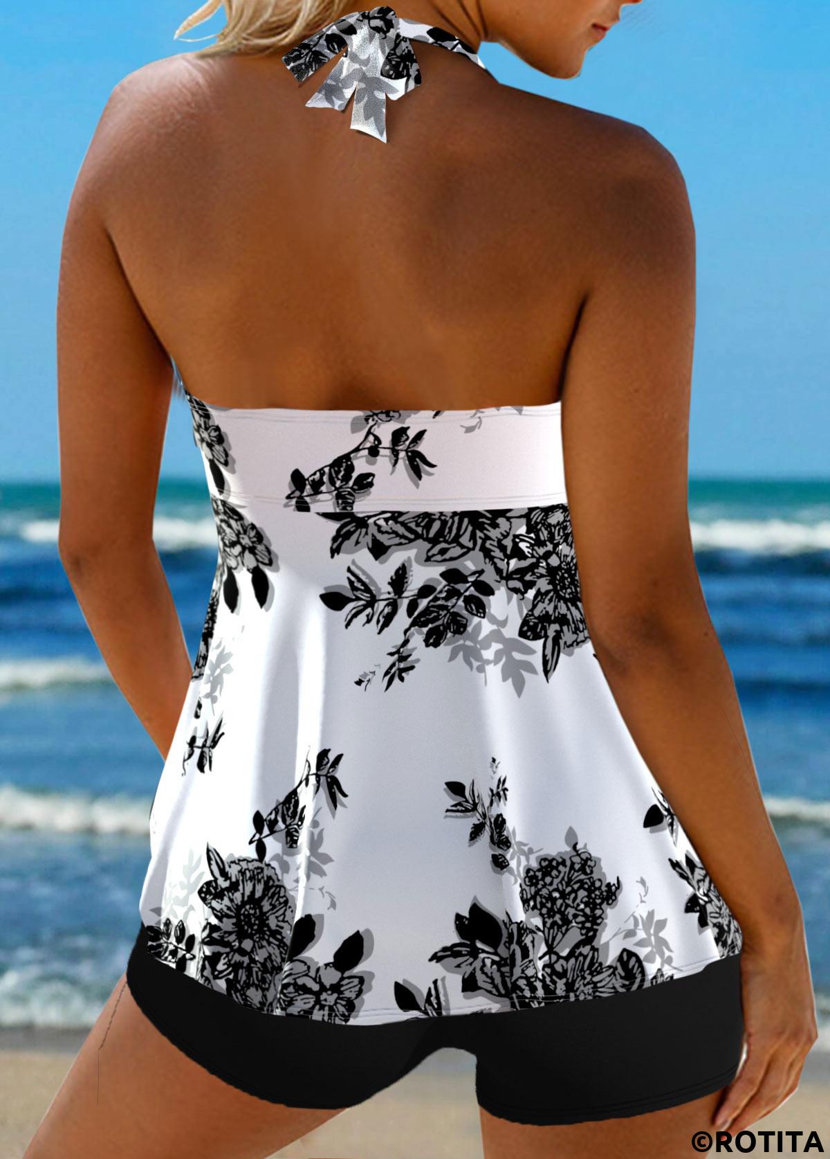 White swimwear,Floral swimwear,Plants swimwear,ROTITA Criss Cross White Floral Print Tankini Top