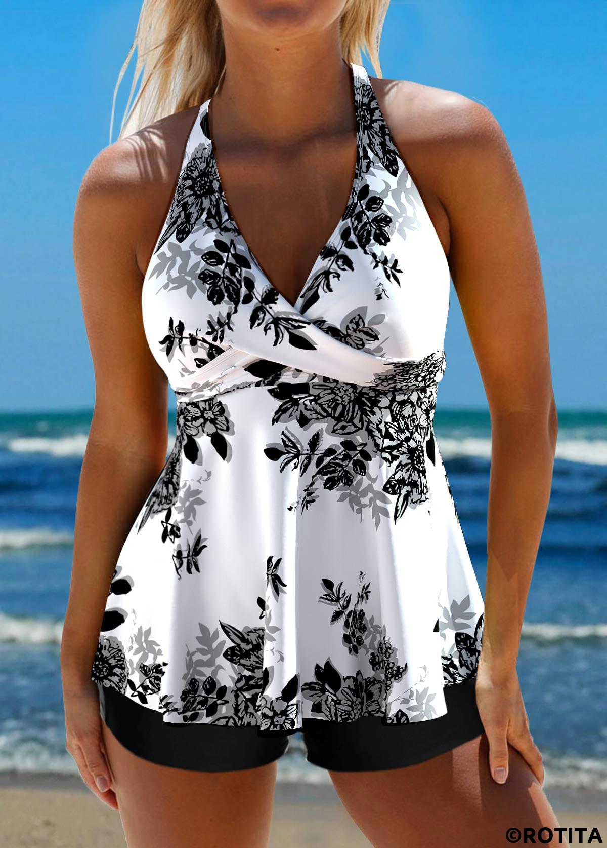 White swimwear,Floral swimwear,Plants swimwear,ROTITA Criss Cross White Floral Print Tankini Top