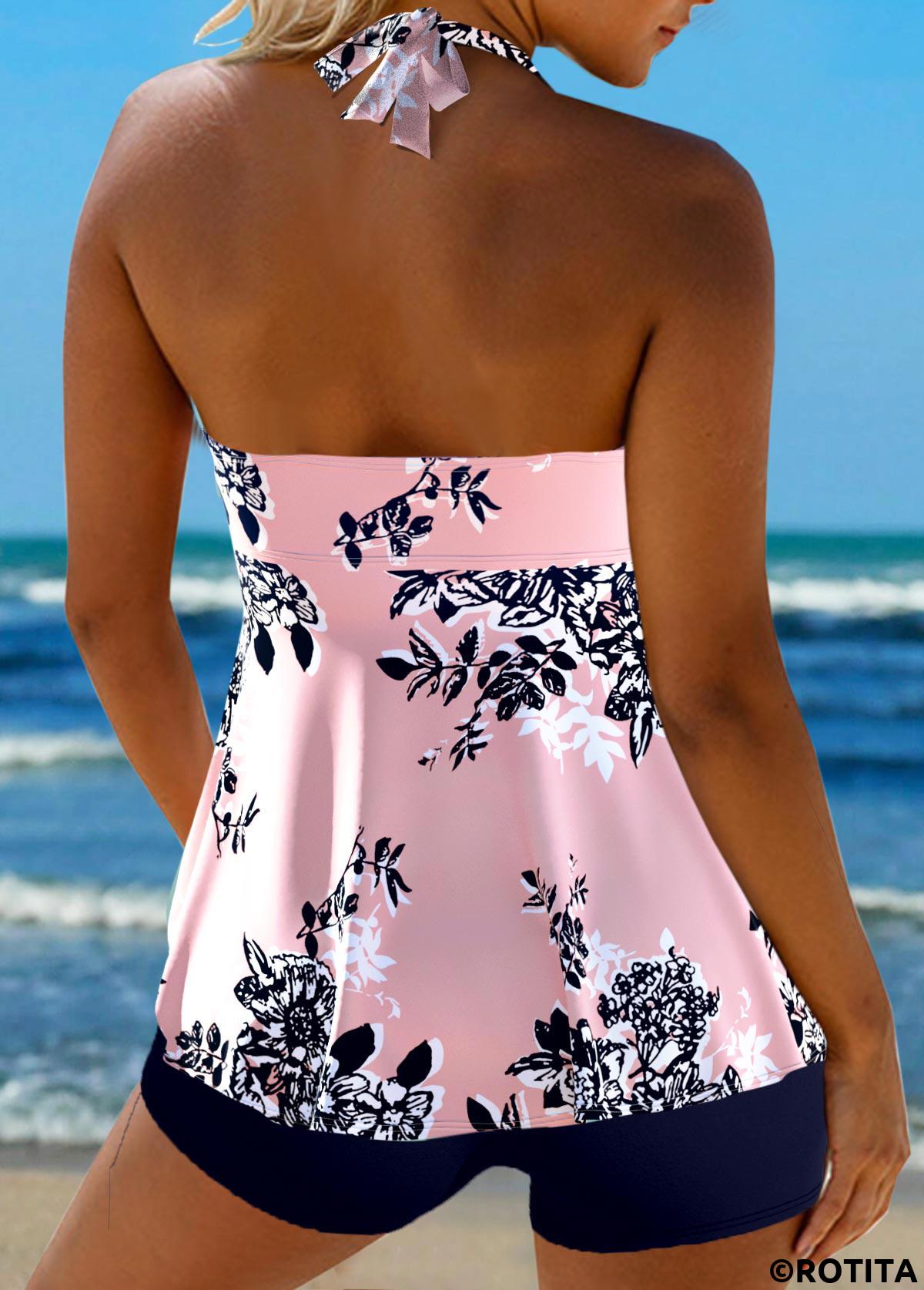 Pink swimwear,Floral swimwear,Plants swimwear,ROTITA Criss Cross Pink Floral Print Tankini Top