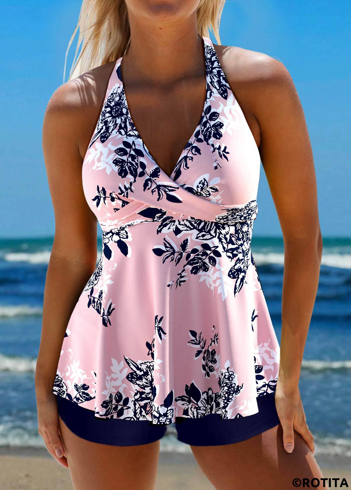 Pink swimwear,Floral swimwear,Plants swimwear,ROTITA Criss Cross Pink Floral Print Tankini Top