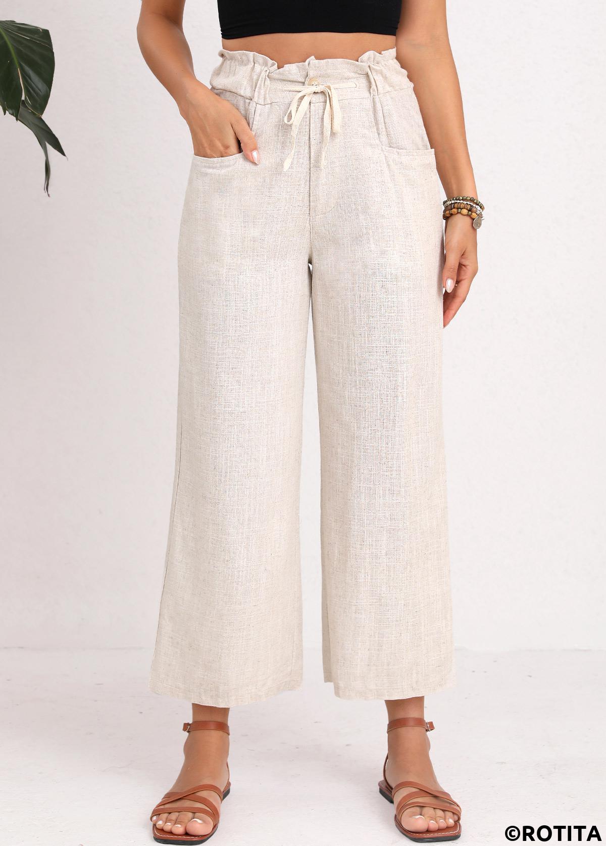 Light Camel bottoms,Plain Color bottoms,Button Light Camel Drawastring High Waisted Pants
