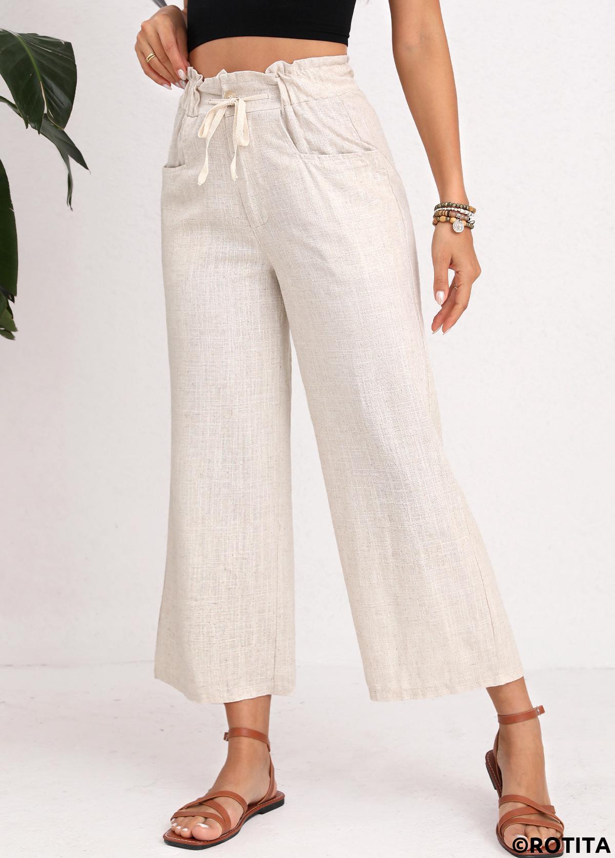 Light Camel bottoms,Plain Color bottoms,Button Light Camel Drawastring High Waisted Pants