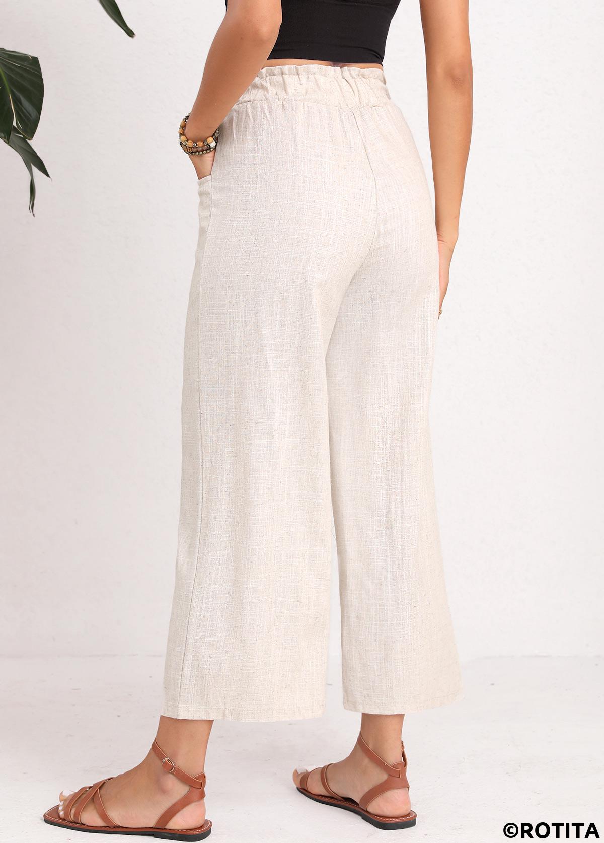Light Camel bottoms,Plain Color bottoms,Button Light Camel Drawastring High Waisted Pants