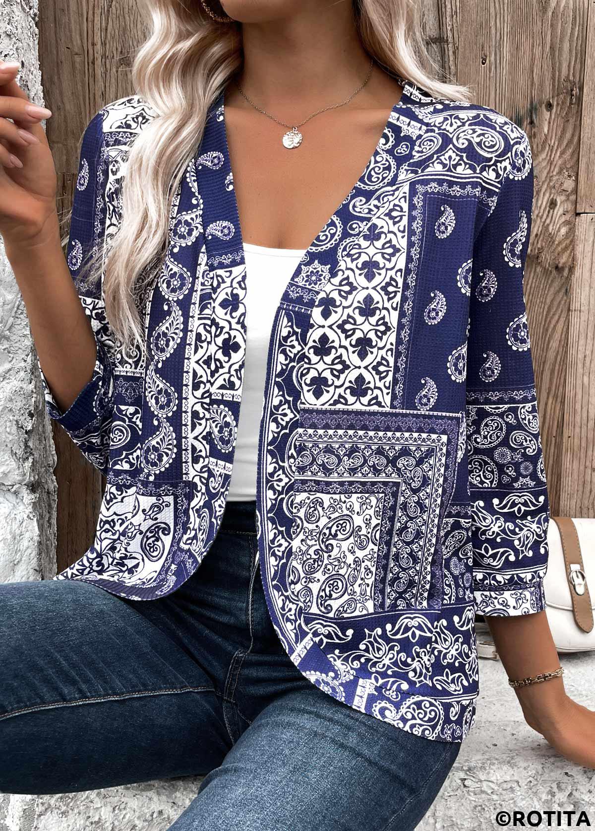 Navy tops,Floral tops,Geometric tops,Tribal tops,Paisley tops,ROTITA Tribal Print Navy 3/4 Sleeve Light Cardigan
