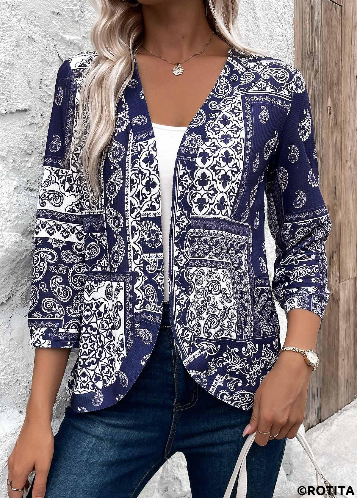 Navy tops,Floral tops,Geometric tops,Tribal tops,Paisley tops,ROTITA Tribal Print Navy 3/4 Sleeve Light Cardigan