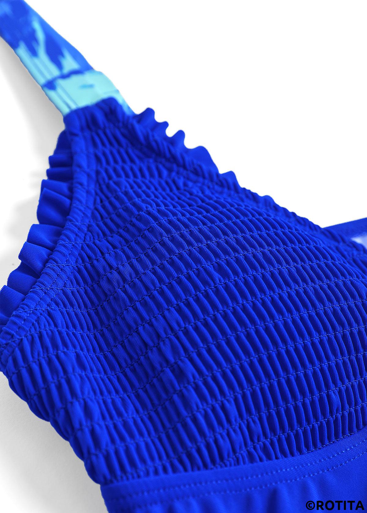 Royal Blue swimwear,Plants swimwear,ROTITA Smocked Royal Blue Tropical Plants Print Tankini Set