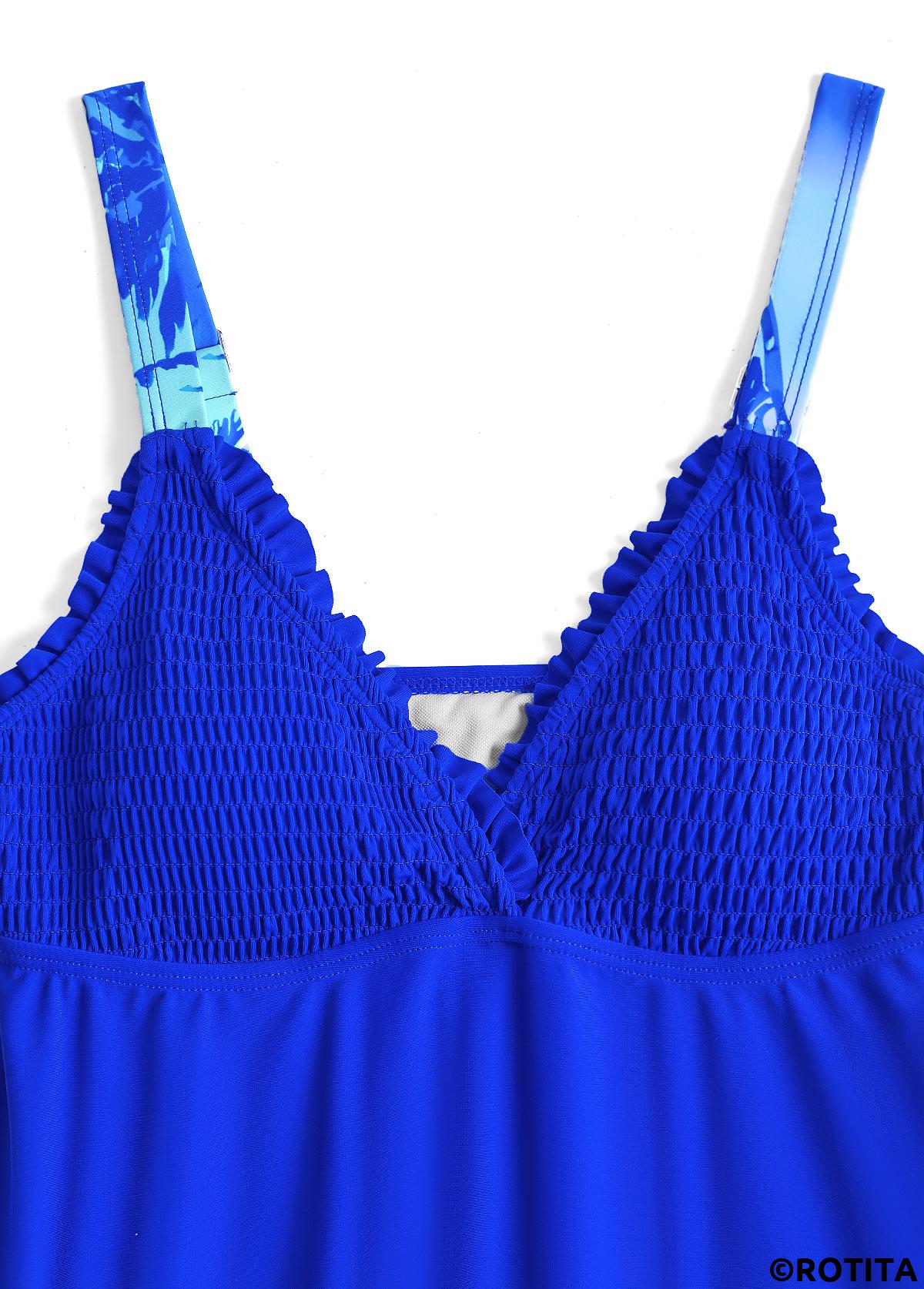 Royal Blue swimwear,Plants swimwear,ROTITA Smocked Royal Blue Tropical Plants Print Tankini Set